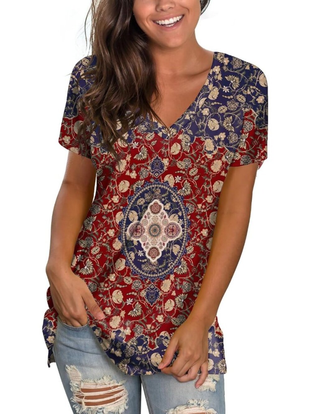 〽️Women Floral Basic V Neck Tee Loose Fitting Casual Short Sleeve Tops T Shirt